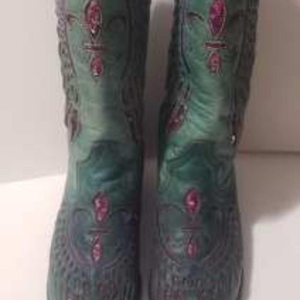 Western leather woman cowboy boots Size 9.5 Turquoise Blue/Green